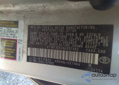 2010 Toyota Camry Le z USA, uszkodzony, nr VIN 4T1BF3EK2AU527062